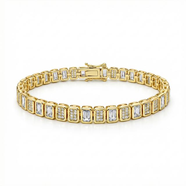 Baguette and Pavé Tennis Bracelet with rectangular white cubic zirconia alternating with smaller stone-set sections.