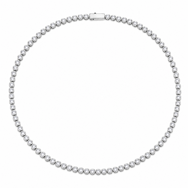 Bezel-Set Tennis Necklace with round white cubic zirconia in white-gold-plated settings.