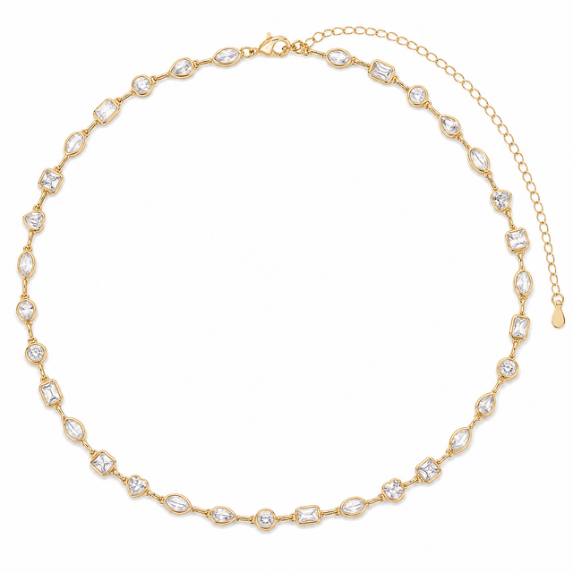 Geometric Bezel Station Necklace with spaced white cubic zirconia shapes on a gold-plated chain.