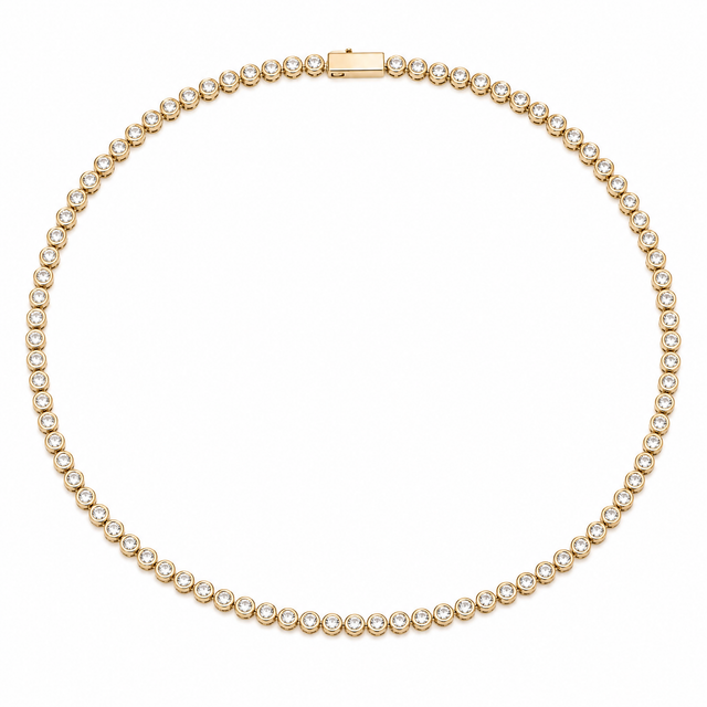 Bezel-Set Tennis Necklace with round white cubic zirconia in gold-plated rims.