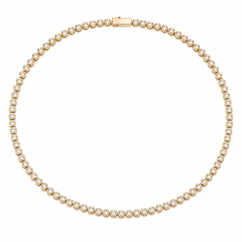 Bezel-Set Tennis Necklace with round white cubic zirconia framed in gold-plated rims.
