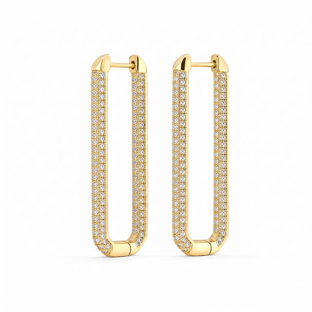 Rectangular Pavé Hoop Earrings with elongated gold-plated outlines and white cubic zirconia.
