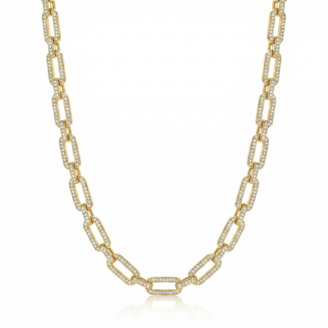 Rectangular Pavé Link Necklace with open gold-plated links outlined by white cubic zirconia.
