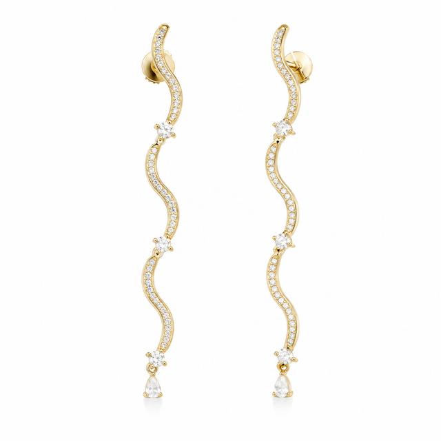 Pavé Wave Drop Earrings with long curved gold-plated sections set with white cubic zirconia.