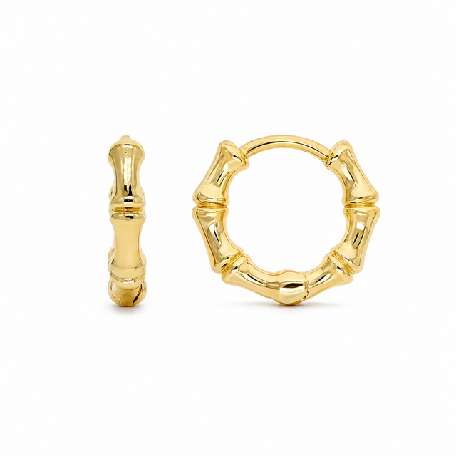 Bamboo Texture Huggie Hoops with a polished gold-plated bamboo-shaped surface.
