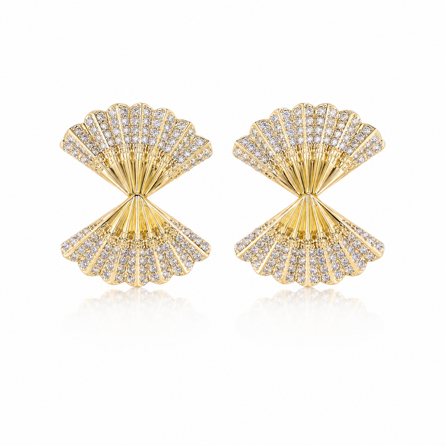 Pavé Fan Statement Studs with layered gold-plated fans and white cubic zirconia.