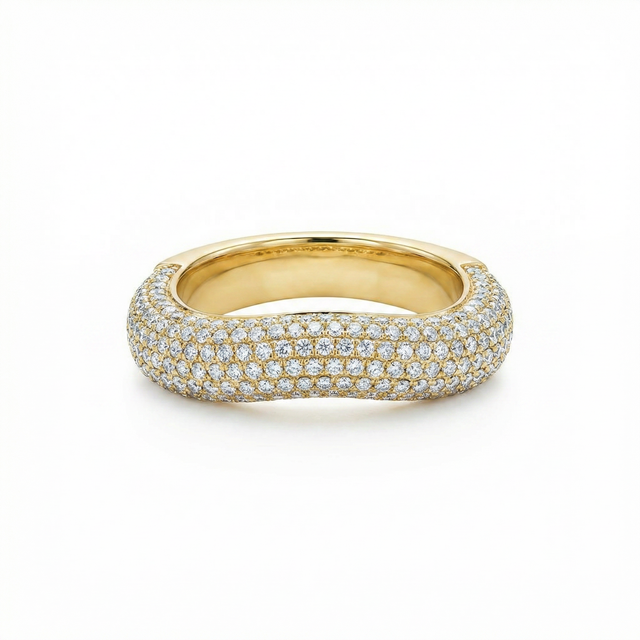 Full Pavé Dome Ring with rows of white cubic zirconia across a gold-plated curved surface.