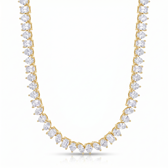 Mixed-Cut Prism Tennis Necklace with white cubic zirconia in alternating shapes and gold-plated settings.