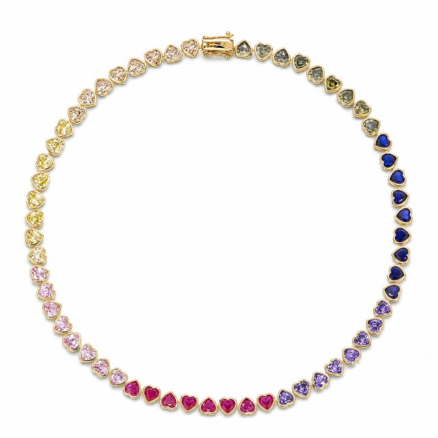 Rainbow Heart Tennis Necklace with multicolored heart-cut cubic zirconia around a gold-plated linked strand.