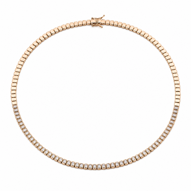 Baguette-Cut Tennis Necklace with rectangular white cubic zirconia in gold-plated settings.