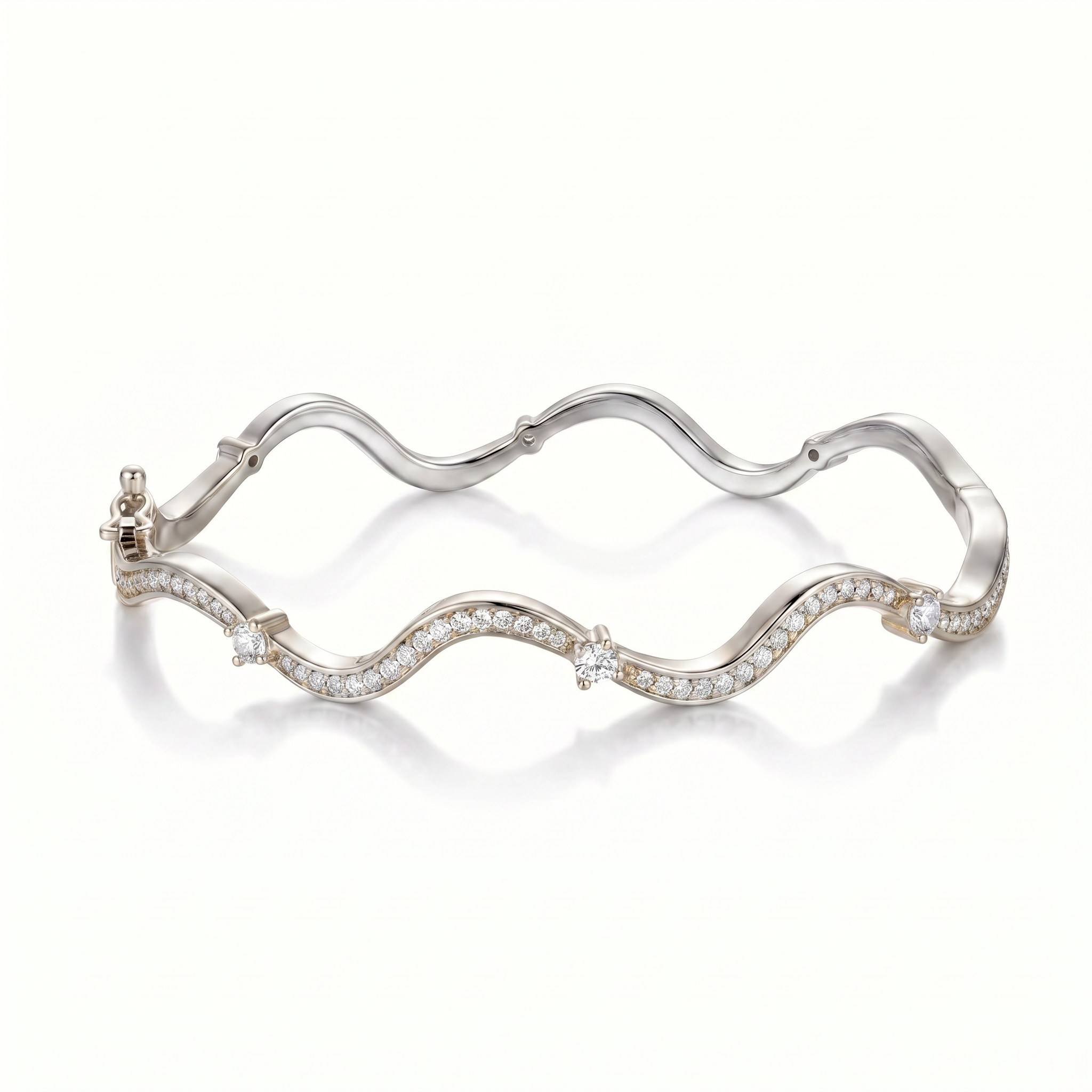 Silver bracelet with wavy design and embedded stones on a white background